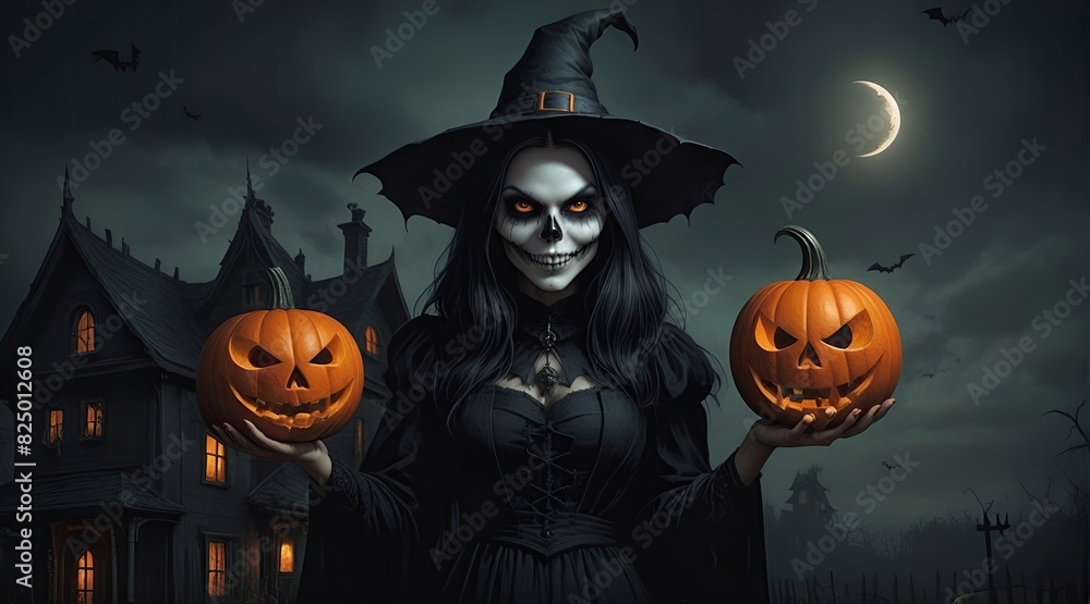 Halloween jack o lanterns and witch on various creepy background Halloween jack o lanterns and witch on various creepy background
