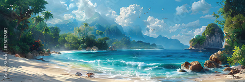 dreamy printable mural of a lush tropical paradise ideal for transforming the walls of a beach resort's lobby welcoming guests to an island paradise of sun sand and sea photo