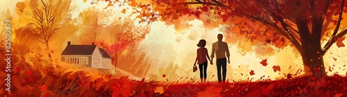 A couple holding hands and walking towards their new house, surrounded by autumn leaves in reds and oranges. The background is an illustration of the home with trees showing fall colors, in the style