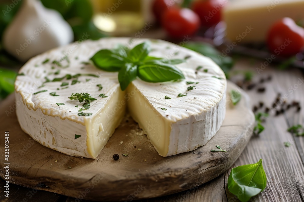Artisan brie with basil on a wooden board, surrounded by ingredients for a delicious meal
