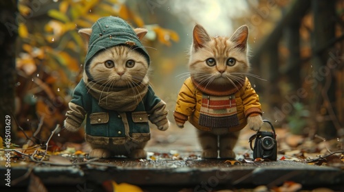 2 kittens in autumn park wearing warm woolly clothing