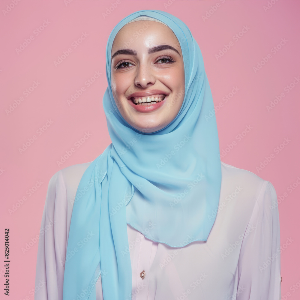 Muslim woman wearing blue hijab on pink background
Muslim woman wearing blue hijab on pink background