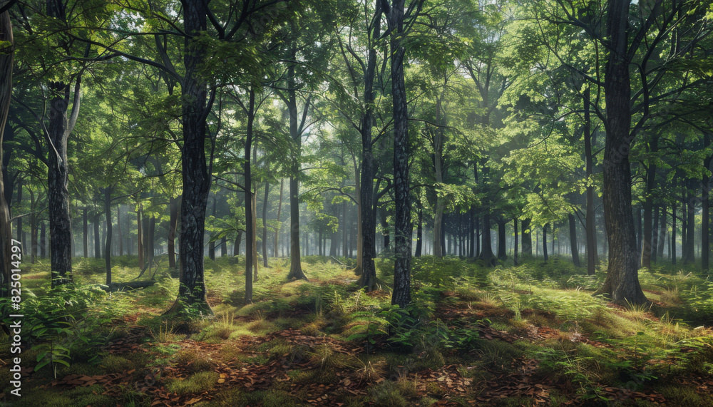 Panoramic view serene forest landscape green trees Panoramic view serene forest landscape green trees