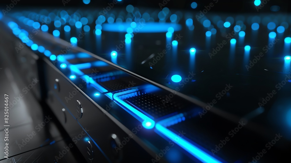 12. Network node embedded in a sleek black surface, highlighted by neon blue lights and reflective materials, exuding modern technology vibes 12. Network node embedded in a sleek black surface, highlighted by neon blue lights and reflective materials, exuding modern technology vibes