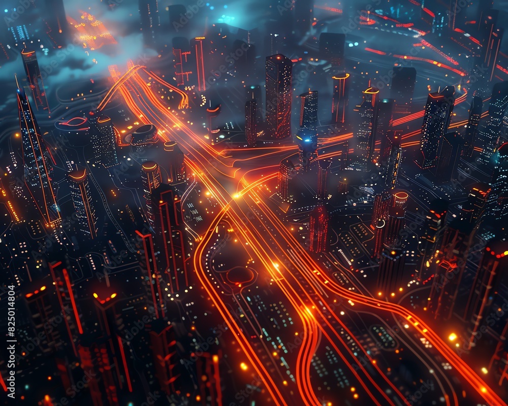 10. Aerial view of a city with high-speed internet networks, glowing pathways and digital connections, ultra-high definition