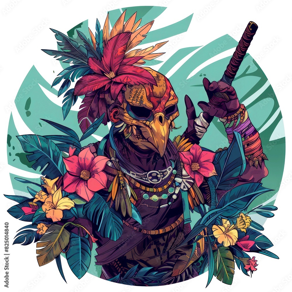 Fototapeta premium illustration art of warrior in the circle frame of flower isolate on white background