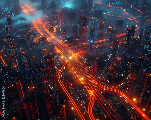 10. Aerial view of a city with high-speed internet networks, glowing pathways and digital connections, ultra-high definition