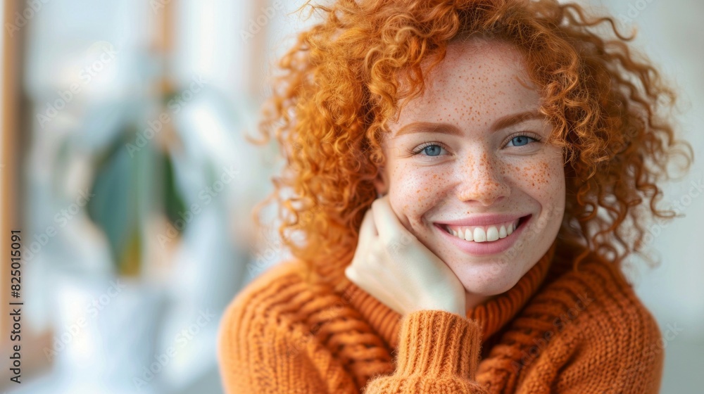 A woman with red hair and a smile is wearing an orange sweater