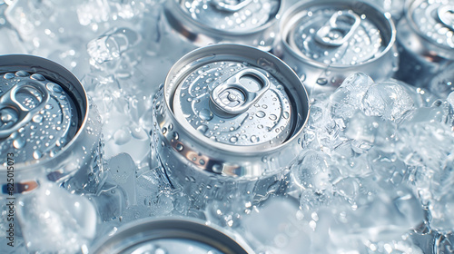 Group of aluminium cans in ice cold drink, generative ai