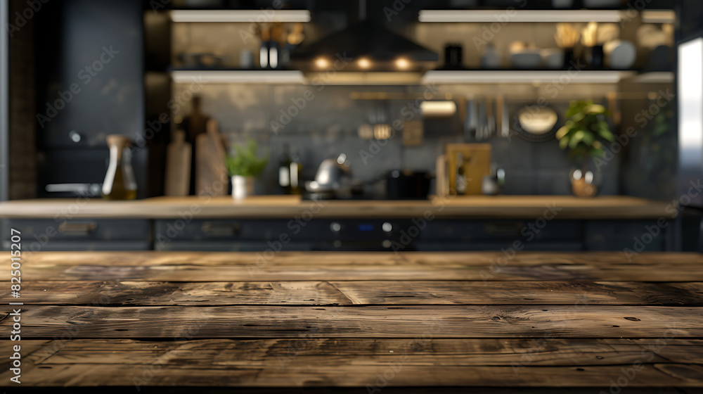 A rustic wooden dining table with a delicately blurred kitchen background, showcasing sleek countertops and cabinetry. Generative AI illustration A rustic wooden dining table with a delicately blurred kitchen background, showcasing sleek countertops and cabinetry. Generative AI illustration