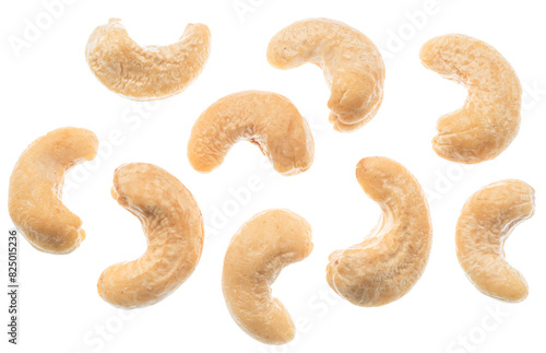 Set of raw cashew nuts or cashew seeds on white background. File contains clipping paths.