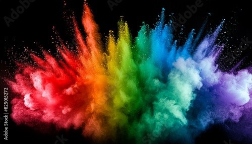 Colored powder explosion. Rainbow colors dust on black background. Multicolored powder splash background