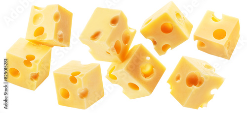 Emmental or Maasdam cheese cubes levitating in air on white background. File contains clipping paths.