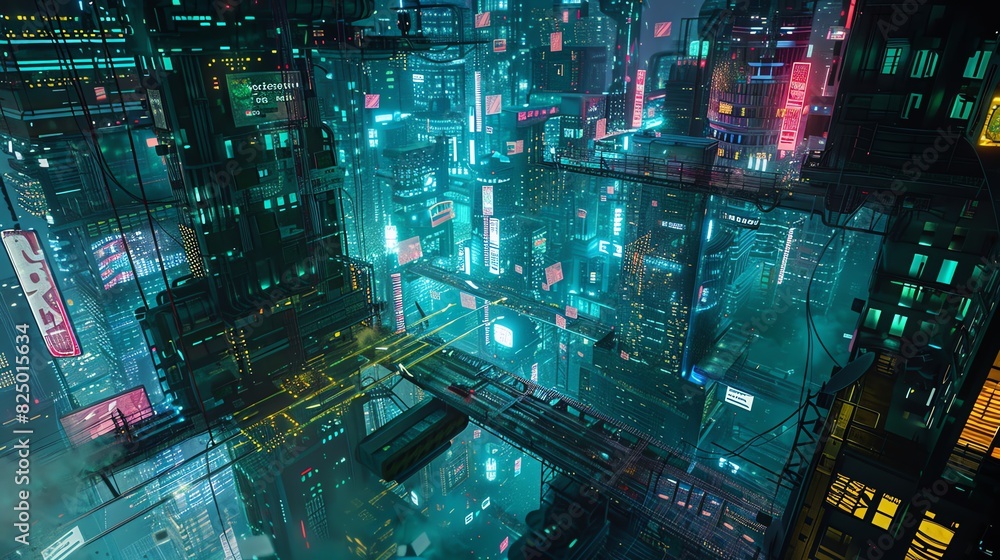 3. Network node in a cyberpunk cityscape, surrounded by floating data packets and futuristic buildings, vibrant and high-tech