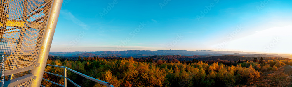 Mountain panorama from the observation tower, beautiful autumn view with mountains.