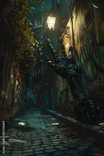 Anomalous Urban Encounter: A Mechanical Hand Emerges from the Shadows of a Dimly Lit Alleyway