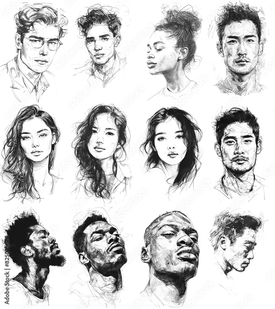 Sketch pencil drawing of various people of many ethnic diversity backgrounds and ages. Man, woman, teen, Asian, African american, Caucasian. Charcoal illustration. Diversity and inclusion concept art. Sketch pencil drawing of various people of many ethnic diversity backgrounds and ages. Man, woman, teen, Asian, African american, Caucasian. Charcoal illustration. Diversity and inclusion concept art.