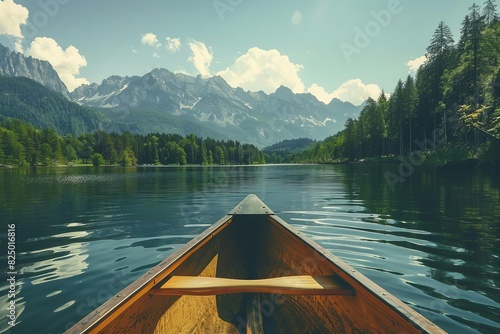 serene canoeing adventure on tranquil mountain lake majestic natural landscape outdoor recreation © Lucija