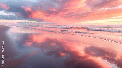A breathtaking beach sunrise with the sky painted in shades of pink and orange  reflecting on the smooth  wet sand as gentle waves wash ashore.