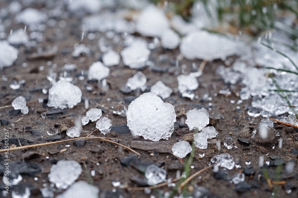 Hail ice covering, lying on the ground after heavy hail storm Hail ice covering, lying on the ground after heavy hail storm