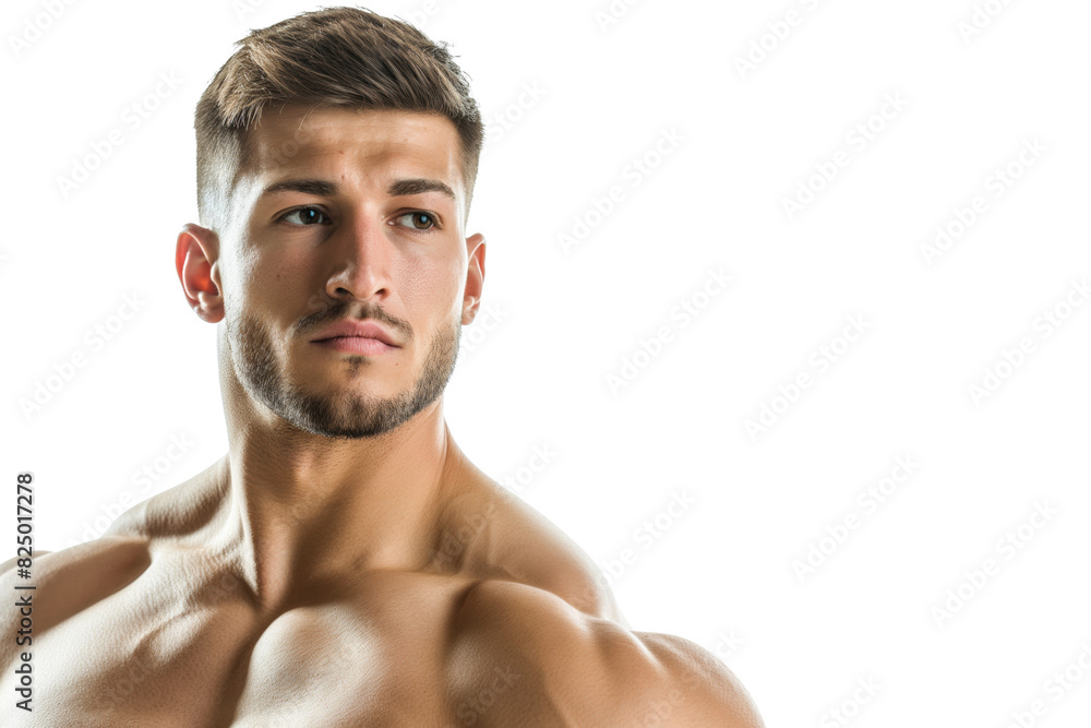 Fototapeta premium Young Muscular Man Posing Shirtless in Profile
