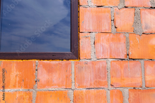 Close-Up of Brick Wall with Window Reflecting Sky
