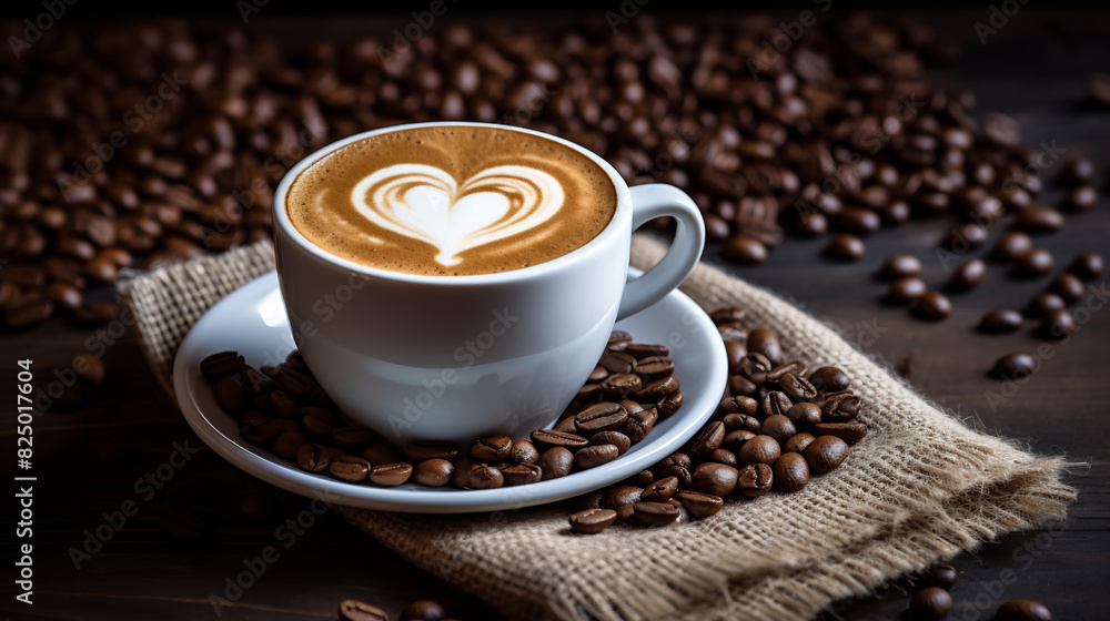 Obraz premium Cup of latte with heart-shaped foam art, surrounded by coffee beans on a burlap cloth, rustic wooden table setting, warm and inviting atmosphere