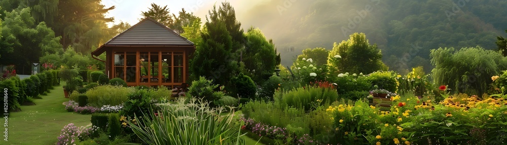 Cozy Mountain Cottage Retreat Surrounded by Lush Greenery and Blooming Flowers in Scenic Summer Landscape