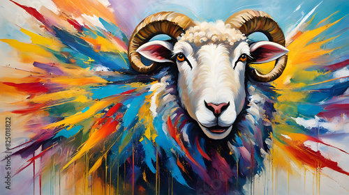 Fototapeta Naklejka Na Ścianę i Meble -  colorfull sheep Oil painting, watercolor animals painting a big cow happy  colorful rays of light  energetic brushwork