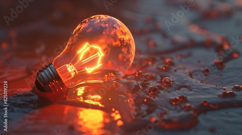 A light bulb is lying on a wet surface, casting a dim orange glow.