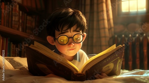 Envision a cozy corner where a boy with glasses reclines comfortably, lost in the world of a captivating book.
