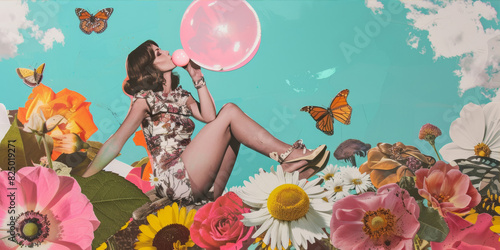 Collage with a girl in a dress blowing a big bubble gum bubble 