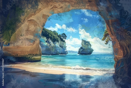 serene cathedral cove seascape with dramatic rock formations idyllic new zealand landscape digital painting photo