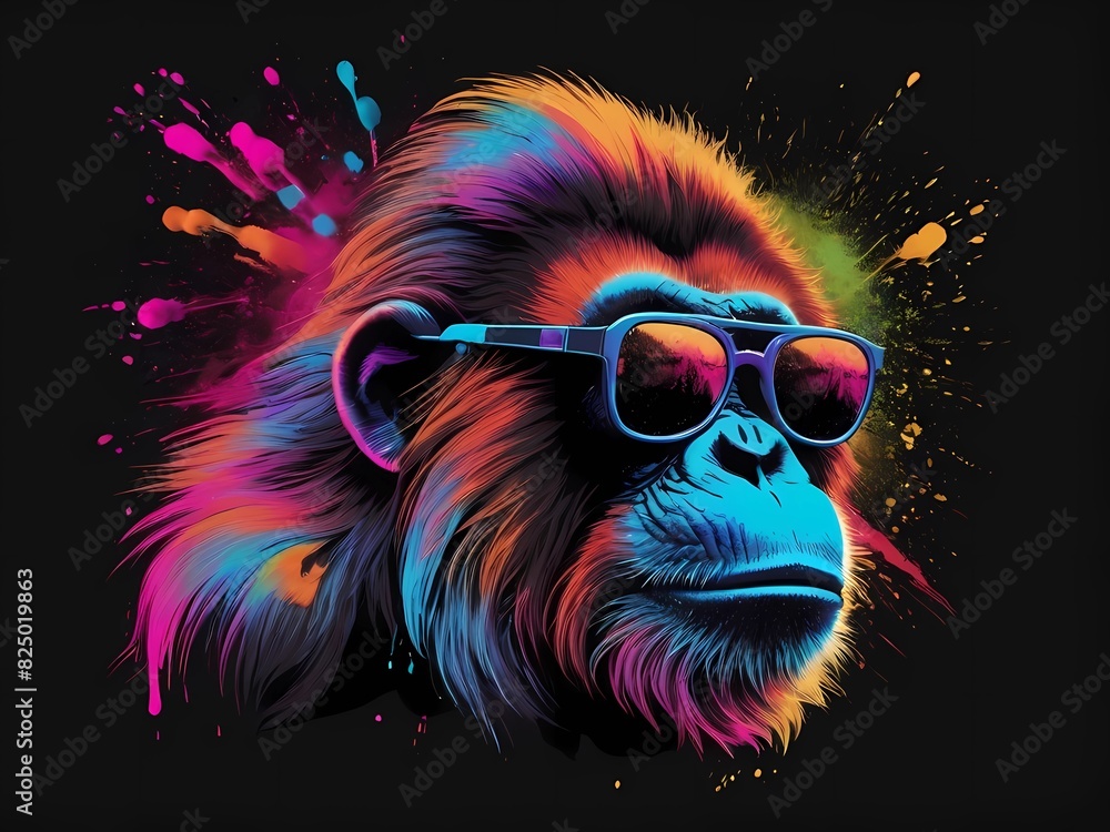 adorable orangutan head wearing sunglasses with Colored powder explosion on background