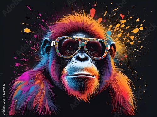 adorable orangutan head wearing sunglasses with Colored powder explosion on background