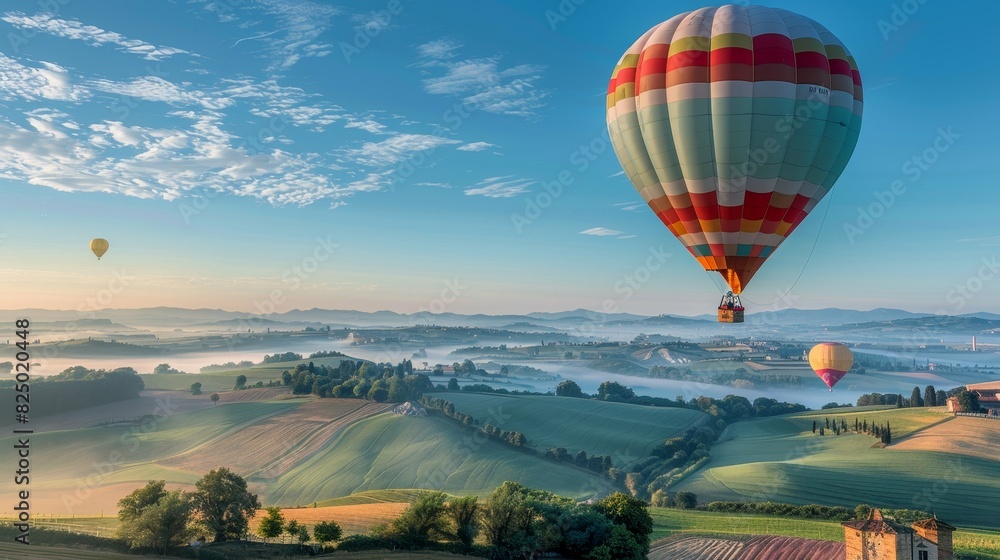 vibrant hot air balloon soaring high in a clear blue sky with a picturesque landscape