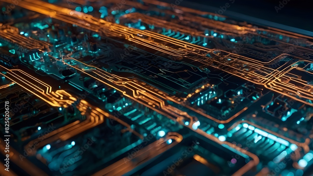 Intricate Circuitry Patterns Sprawl Across a Metallic Surface: A Holographic Interface Hovers in Midair, Displaying Futuristic Data Streams, Cutting-Edge Technological Marvels Revealed in Complex