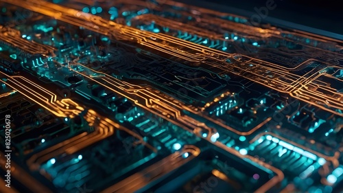 Intricate Circuitry Patterns Sprawl Across a Metallic Surface: A Holographic Interface Hovers in Midair, Displaying Futuristic Data Streams, Cutting-Edge Technological Marvels Revealed in Complex