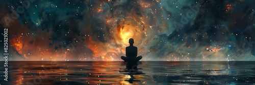 person sitting in a body of water in front of a colorful sky filled with stars