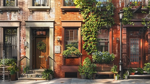 A row of brownstone buildings with doors and windows.