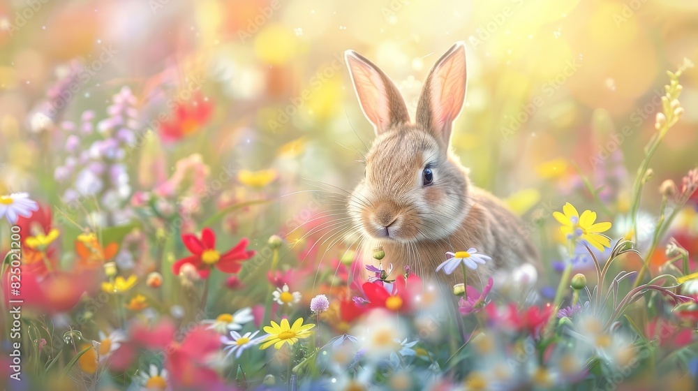 Playful bunny hopping through a field of colorful wildflowers, capturing movement and energy, visually stunning Playful bunny hopping through a field of colorful wildflowers, capturing movement and energy, visually stunning