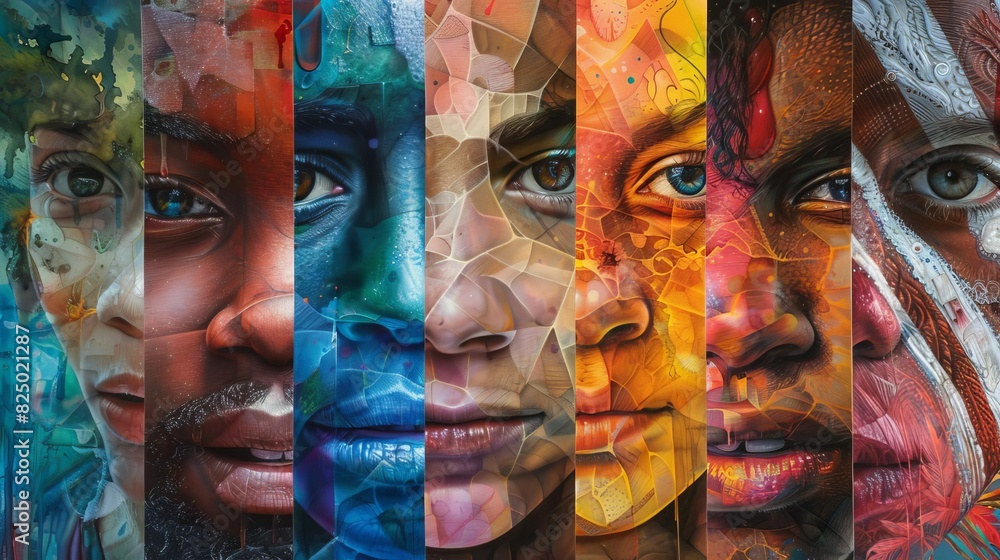Portrait collage of diverse individuals, each with unique features and colorful backgrounds, capturing the essence of unity, ultrarealistic
