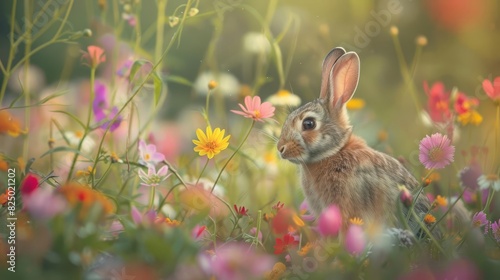 Playful bunny hopping through a field of colorful wildflowers, capturing movement and energy, visually stunning