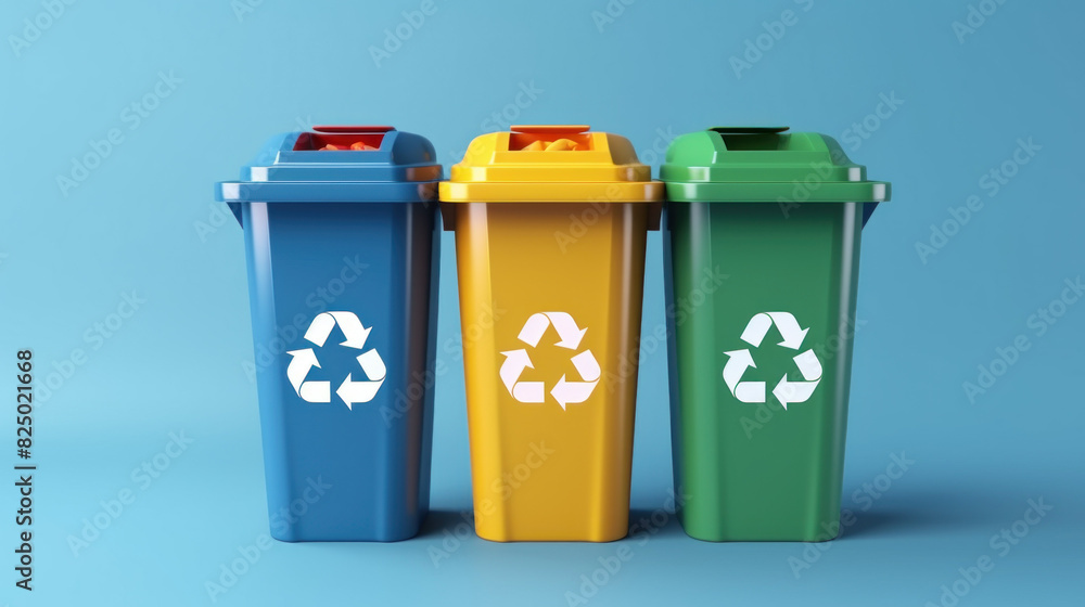 Three recycling bins in blue, yellow, and green against a blue background promoting waste separation and environmental sustainability. Three recycling bins in blue, yellow, and green against a blue background promoting waste separation and environmental sustainability.