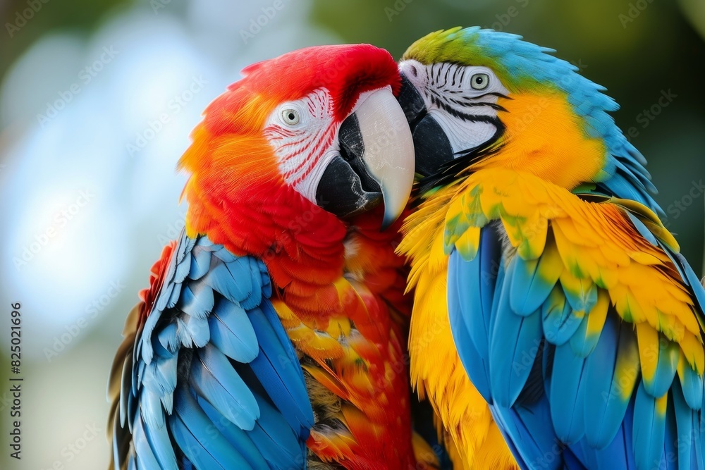 Two vibrant macaw parrots snuggling affectionately, showcasing their striking plumage