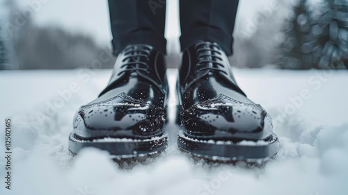 Polished black dress shoes in fresh snow.