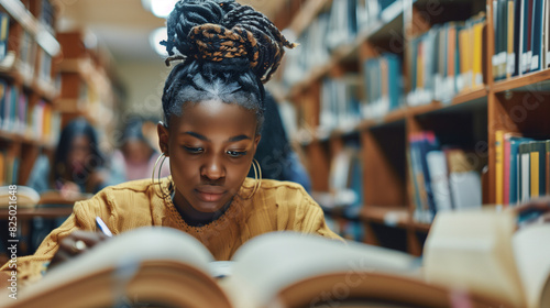 Focused girl studying in school library with classmates amid books photo