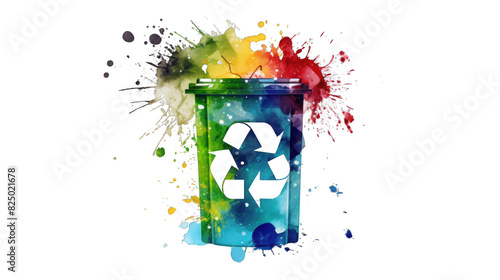 Colorful recycling bin with vibrant paint splashes symbolizing environmental awareness and artistic creativity. photo