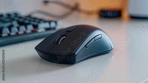 A black wireless mouse on a tidy desk beside a keyboard.
