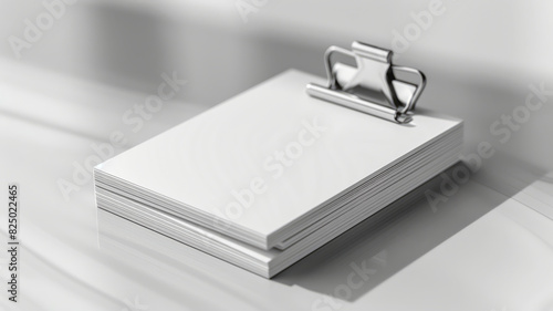 Blank notepad with clip on a white surface.
